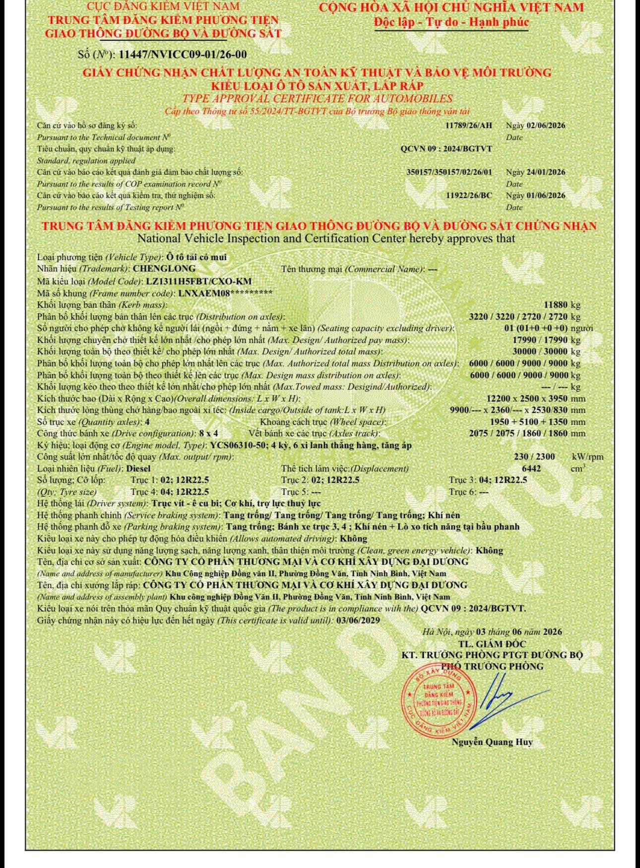 giấy chứng nhận kĩ thuật chenglong h5v